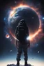 Placeholder: A figure wearing a black backpack deep in a supernova overlooking planet Earth