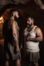 Placeholder: full figure shot photography of two chubby stocky arabs prisoners embraced close, 43 years old in white boxer and dirty tank top, short hair, beard, hairy, sweat, tattoo, in a dark cave, ugly, bullneck, muscular, manly chest, manly arms, emotive eyes, photorealistic, ultradetailed, 32k, ambient occlusion, lit by bonfire, misery and poverty, side view from below