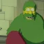 Placeholder: evil retired green man who is retired and green who is sitting on the simpsons couch has a large nose and is holding a duff beer in feet