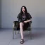 Placeholder: Billie Eilish, sitting on a chair, Black Short Dress, high detail, realistic