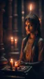 Placeholder: Shi Fi, a beautiful Indian ,in the temple carting a candle, atmospheric lighting effects, intricate industrial details, moody atmosphere, eerie grimdark ambiance, complex motherboard accents, speculative fiction art. Bokeh