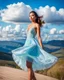 Placeholder: full-body closeup shot of a young, beautiful girl with a perfect face and makeup,wearing pretty dance dress standing in a stage in open air nice hills , blue sky ,pretty clouds at distant