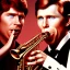 Placeholder: REd-haired ron howard as richie from happy days Is playing the saxophone with his "eyes closed", rock band, saxophone lips, eyes closed