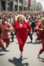 Placeholder: an obese terrified blonde woman in a red pant suit desperately running away from an angry mob of hundreds of people chasing her from far behind