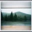 Placeholder: A polaroid photo of an odd room. There is a group of fir trees in the background and a high hill in the distance. A lake. The surface below is in a pastel color. Fog is present.