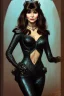 Placeholder: painting of victoria principal as evil queen in black leather, feminie, angry, stern look on her face, volouptous, busty, cleavage, emperious, mature, highly detailed, digital painting, artstation, concept art, smooth, sharp focus, illustration, art by gaston bussiere and alphonse mucha