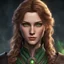 Placeholder: face portrait of a baldur's gate 3 female character. she has a beautiful face. she has a youthful face. she has a small, plump mouth. she has long, wavy, light brown hair. she is a sorcerer. she is human. she has green eyes. she has some freckles.