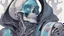 Placeholder: a close up of a person with a skull on their head, blue and black colors, anime skull portrait man, scary detailed art in color, hiroyuki-mitsume takahashi, nychos art aesthetic, half man half skeleton, anime cyberpunk art, colored manga art, rossdraws pastel vibrant, hot colors. insanely detailed, beautiful anime portrait, stunning anime face portrait, scary art in color