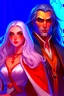 Placeholder: A couple, from the dnd game curse of Strahd. The woman has long white hair and blue eyes, the man has LONG BLACK hair and red eyes, no facial hair. He is standing protectively behind her.