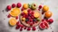 Placeholder: Delicious fruit on round wood chopping board, mango pomegranate raspberries papaya oranges passion fruits berries on off white concrete background, selective focus