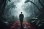 Placeholder: realistic scene surrealis horror, human head on the path, jungle background, bold mist, fog, cinematic, dramatic lighting