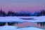 Placeholder: Night, Moon, distant mountains, pine trees, lagoon, lagoon reflections, winter, ice, snowy land