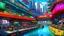 Placeholder: Water-level view of buildings on a canal, made of metal, cyberpunk, many painted colours, floating and flying boats, balconies, bridges, people, shopping, eating, walking, fifth element, ghost in the shell, altered carbon