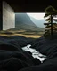 Placeholder: Photograph, NO PEOPLE, a mass of terrain, giant museum space, trees, pillars, high walls, high peak in a room, rag, powder, brook, sediments, deflagration of the background, geological formation, light, architecture, minimalist, details of the terrain very accentuated, 8k, deep 3d field, sharp, brutalist, hasselblad h6d400c --ar 85:128 --v 6.0