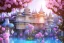 Placeholder: a magical crystal flower lys bougainvillier, blue gold house indian palace castle in the woods, magnolias pink,blue lake,sun,white swanns,pink vertical, blue lake,sharp, vines, candlelit, endor, ornate, elegant, highly detailed, artstation, concept art, smooth, sharp focus, illustration, 8k, splash art, wallpaper, key visual