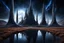 Placeholder: photo from alien dark matter buildings, with weird elongated gothic style, alien constructions, standing long weird creatures alirn landscape, silver, black, brown and dark blue surreal vision, stunning visuals, ultrarealistic dark dreamy world, surreal lighting, reflections, hyper-realistic, detailed, photorealistic, sci-fi mood