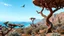 Placeholder: Create a surreal and otherworldly depiction of Socotra Island's unique ecosystem: Foreground: Gnarled and twisted dragon blood trees with umbrella-shaped canopies Mid-ground: Bulbous bottle trees and spiky desert roses dotting the landscape Background: Craggy limestone cliffs and plateaus rising from a turquoise sea Strange endemic insects crawling on tree bark Wisps of mist curling around tree branches Hints of ancient cave dwellings in distant cliffs A lone Socotran cormorant soaring overhead