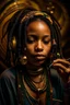 Placeholder: earthy black young woman listening to music with small old school headphones, soul, peace, majestic, earthy colours, at peace, happy, incense, jewels, bands, natural, old school headphones, blasian eyes, incense, very dark skin, crystals, gold arm bands, locs with beads, mouth slightly open, full lips with liner