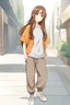 Placeholder: attractive anime woman with brown long hair, t-shirt and sweatpants, full body in frame,