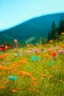 Placeholder: Old autochrome with bokeh patches, in the mountain,, wild delicate flowers in the wind, orange, pink, turquoise, red, sunny day, delicate, bokeh
