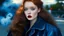 Placeholder: beautiful natural redhead with smoky eyes makeup, blue eyes, in the 80s high school, smoking in the parking lot. Looks like young Devon Aoki. black dress and denim jacket