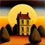 Placeholder: A lone house with trees and a moon René Magritte Max Ernst pointillism decal bas-relief expressionism