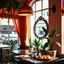 Placeholder: cafe, cafe interior in warm shades, potted plants, fresh pastries, mirror