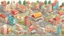 Placeholder: illustration of 100 miniature restaurants and 100 miniature houses on the road city per block. vector 3d style. HD.