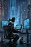 Placeholder: cyberpunk programmer black_Cat_Typing_on_computer_background binary codes, surrounded_by_mindent_3D_binary matrix codes and neutron mesh_etheral, Paranoid_sci-fi_in background_a_tall_cyberpunk_city, the cat-man watchings monitor, Hyperrealistic texture, high detail, Sinister, cold dynamic lighting, dark-neon colors, Ultra_HD_intense_focus