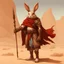 Placeholder: harengon-desert rabbit humanoid,rugged desert artificer-rune carver, eyepatch-bandage, staff with metal end, red-brown cloak, thematic tone wash, characteristic comic style