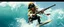 Placeholder: pirate shotgun mozart playing with his wig, looking hot and crazy on a surfboard on a big wave