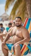 Placeholder: full figure shot photography of a serious ugly burly strong chubby marocan 35 years old, shirtless, short beard, sells colored pareos on a crowded beach, sitting on a beach chair, sunligh, photorealistic, 35mm lens, side light, ambient occlusion