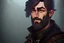 Placeholder: Portrait of an D&D Ranger adventurer with grey eye color, black hair, gruff beard, solo, pinup, wearing classic adventuring gear, realistic eyes, male, solo, canvas painting, dark colors, realistic Rembrandt lighting, dark forest background