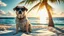 Placeholder: for real world a dog with a sunglasses sit in front of the sun near of the tree in the beach.the dog is sitting on the paper which is blue and white.