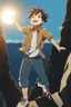 Placeholder: Close up of trendy anime boy standing on edge of cliff, head towards the sky, sun on face, thankful and smiling, arms open in the air