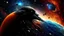 Placeholder: Crow in a space an the background of planets,