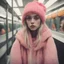 Placeholder: Billie eillish, sad,in the metro in the style of a polaroid,, pink,orange, with a knitted hat, ey