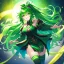 Placeholder: girl, masterpiece, best quality, volumetric lighting, detailed outfit, perfect eyes, long hair, green hair, green eyes, beautiful lighting, vibrant colors, smiling, thigh highs, ponytail, messy hair,