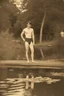 Placeholder: [vintage] A man in swimsuit around a pond