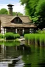 Placeholder: english cottage, lake front, dock, daytime, thatched roof, art