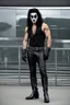 Placeholder: (((12-inch-high Platform Boots::1.5))), an extremely muscular 18-year-old Gene Simmons with (((Kiss Makeup on))), smiling, (((Black lipstickl:1.5))), with (((long, black hair, ((((man bun on top:1.5))))\))), wearing a skintight, formfitting black leather bodysuit and codpiece, with (((spiked metal shoulder and chest armor))) and black cape, (((Bass Guitar shaped like an Ax))), (I Love you Hand sign), Fist pumping, action poses, Leaning against the wall, posing for his picture, holding his cape