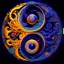 Placeholder: yin-Yang symbol, hyper detailed, photorealistic, hyper detailed, hyper defined, orange, azul, purple, yellow, DMT art