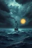 Placeholder: Hyperrealistic illustration of the Statue of Liberty sinking in a vast ocean, with waves gently lapping against it. The sky is dark and stormy, with heavy, ominous clouds swirling above. In the distance, a s nuke exploration glows softly, surrounded by a faint golden halo, contrasting with the dramatic, turbulent atmosphere. The overall scene should be moody and surreal, with intricate textures on the chess piece to highlight its grandeur and mystery.