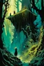 Placeholder: create a wildly conceptual illustration of sorceress coven gathering in an ethereal, otherworldly , darkened, ancient forest draped in hanging moss and climbing vines, in the comic book art style of Bill Sienkiewicz, Mike Mignola, Sparth, and Jean Giraud Moebius, finely drawn, colored and inked, suffused with dramatic natural light and shadow under a midnight blue moon