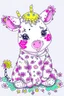 Placeholder: A cute cow dressed in a onezy pajama outfit. The onezy has pink polka dots on and is thick and cozy. She has a flower in her hair