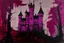 Placeholder: A dark magenta mysterious Halloween themed castle painted by Piet Mondrian