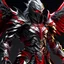 Placeholder: silver and crimson knight armor with glowing red eyes, and a ghostly red flowing cape, crimson trim flows throughout the armor, the helmet is fully covering the face, black and red spikes erupt from the shoulder pads, crimson and gold angel wings are erupting from the back, crimson hair, spikes erupting from the shoulder pads and gauntlets