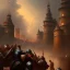 Placeholder: frank frazetta style, medieval town walls in battle, storm