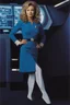 Placeholder: Star Trek - 20-year-old Molly Parton as Doctor McCoy, wearing a blue, thigh length, long-sleeved, slit mini-dress with an upside-down, V-shaped Starfleet communication badge on the left chest, Physician's rank on the collar and sleeve cuffs