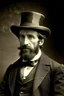 Placeholder: Create a 19th-century French cultural attache, mid-30s, refined and worldly, in a sepia old photo style. He wears a dark, embroidered coat, a white shirt with a stylish cravat, and a top hat with an adorned ribbon. His dark, wavy hair complements his fair complexion, and he sports a neatly trimmed beard and mustache. Accessories include a pocket watch, gold ring, and monocle. The insignia of his diplomatic service adorns his coat.